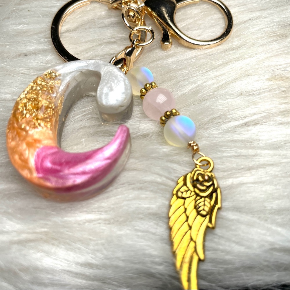 Custom Orange and Pink Letter “C”Keychain with Rose Quartz and Gold Wing Charm - Picture 4 of 9
